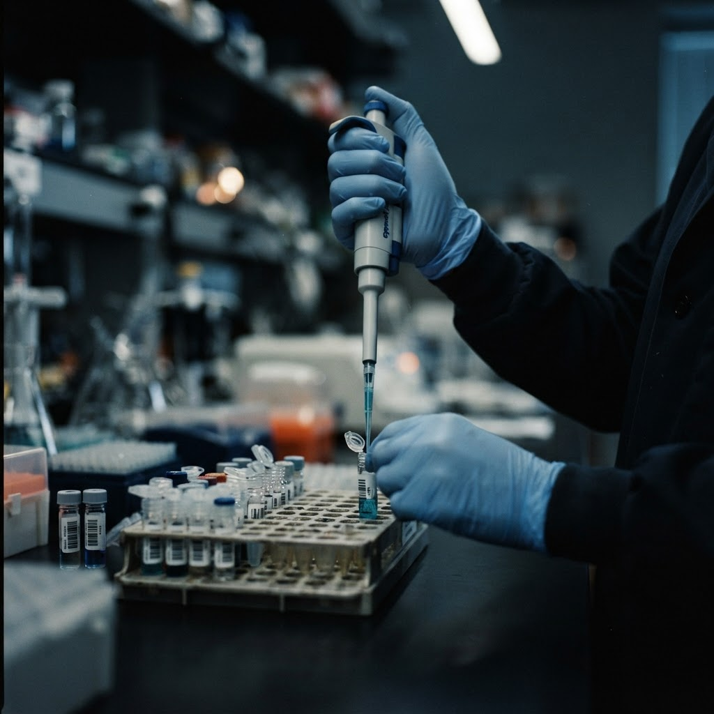 Gloved hands using a precision micropipette over a rack of glass vials
