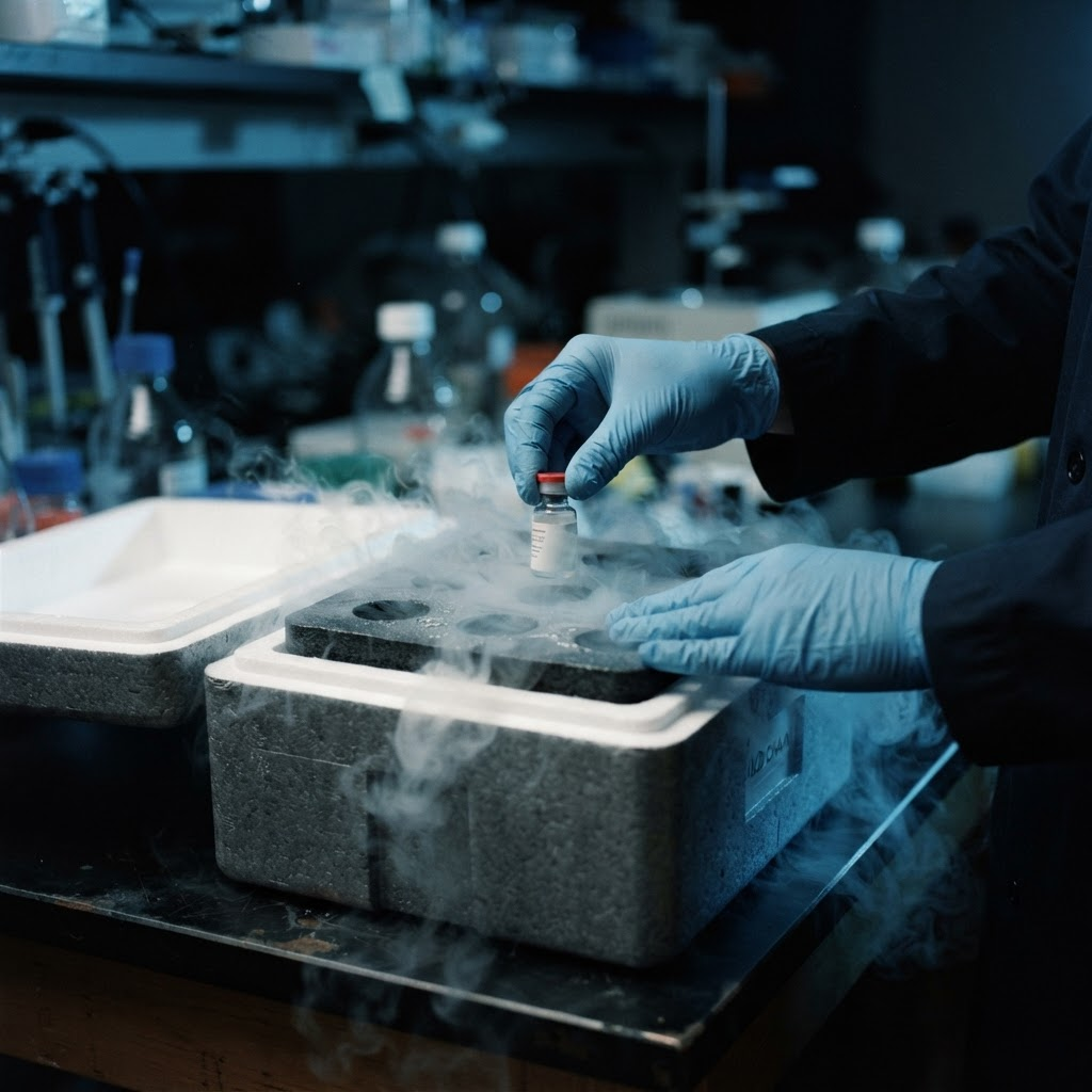 Vial being packed into a cold-chain shipping box with dry ice mist